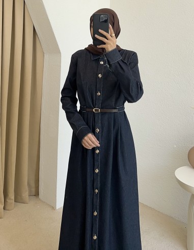 61587 kemerli kot elbise - lacivert