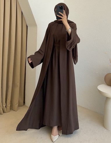 52157 kuşaklı abaya - Kahverengi