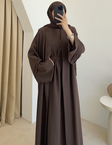 52157 kuşaklı abaya - Kahverengi