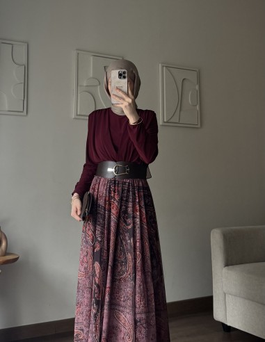 9039 Etnik desen kemerli takım bordo