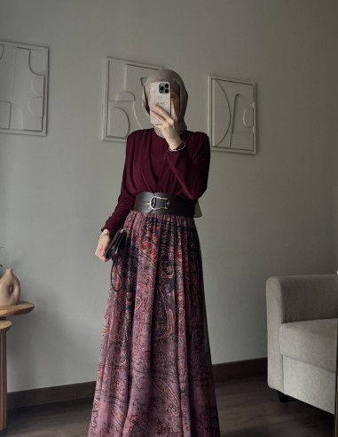 9039 Etnik desen kemerli takım bordo