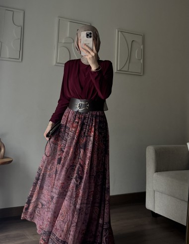 9039 Etnik desen kemerli takım bordo