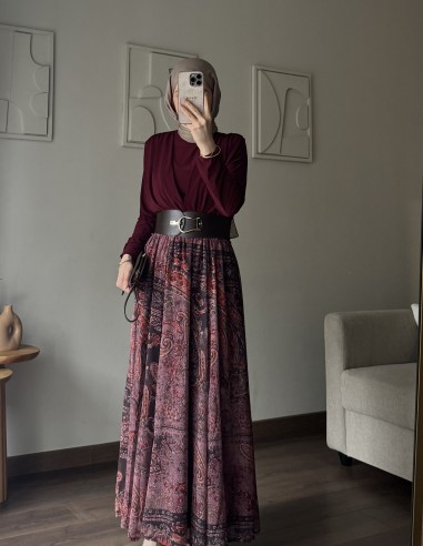 9039 Etnik desen kemerli takım bordo
