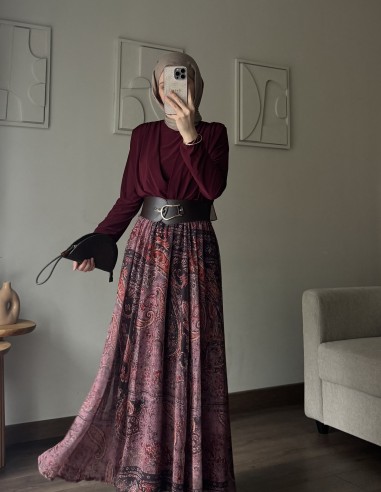 9039 Etnik desen kemerli takım bordo