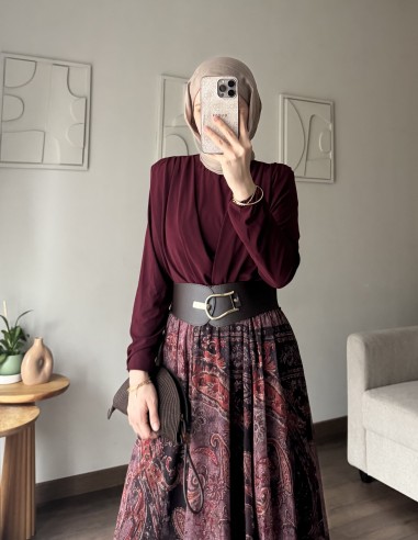 9039 Etnik desen kemerli takım bordo