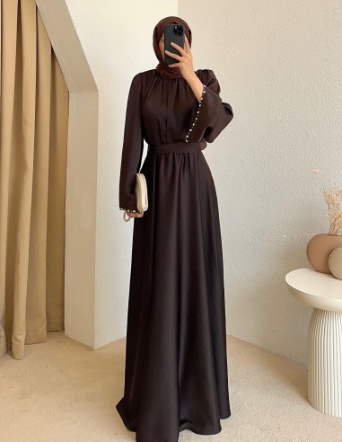 4860 saten taşlı elbise -kahverengi
