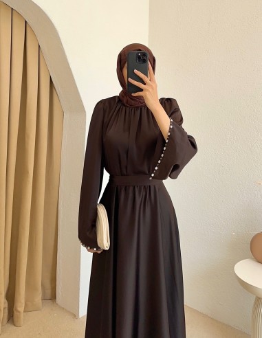 4860 saten taşlı elbise -kahverengi