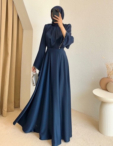 4860 saten taşlı elbise -Lacivert