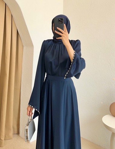 4860 saten taşlı elbise -Lacivert