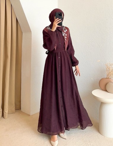 1035 fularlı elbise - mürdüm