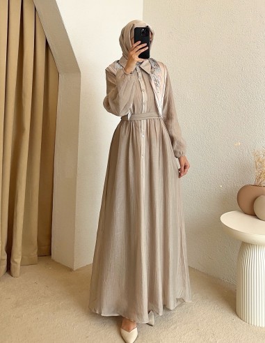 1035 fularlı elbise - Bej