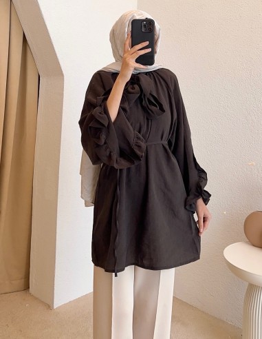 Y0059 fularlı tunik - kahverengi