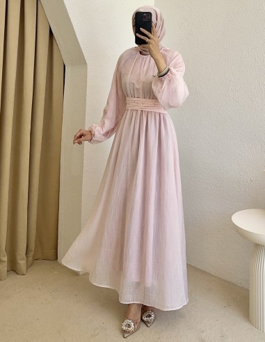 5168 kuşağı broşlu elbise - pembe