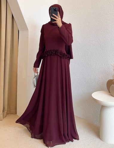 4904 gül detay elbise - mürdüm
