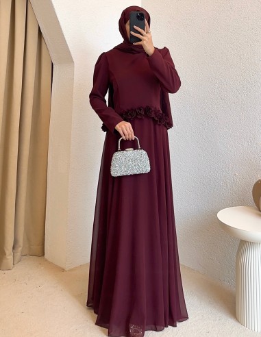 4904 gül detay elbise - mürdüm