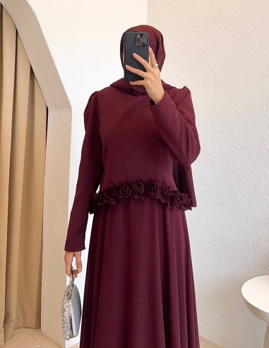 4904 gül detay elbise - mürdüm