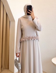4904 gül detay elbise - Bej 2