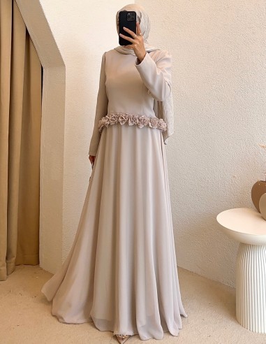4904 gül detay elbise - Bej