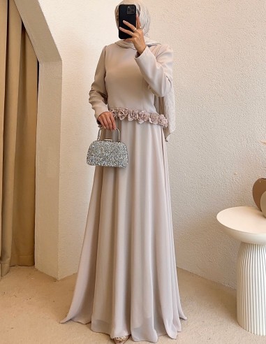 4904 gül detay elbise - Bej