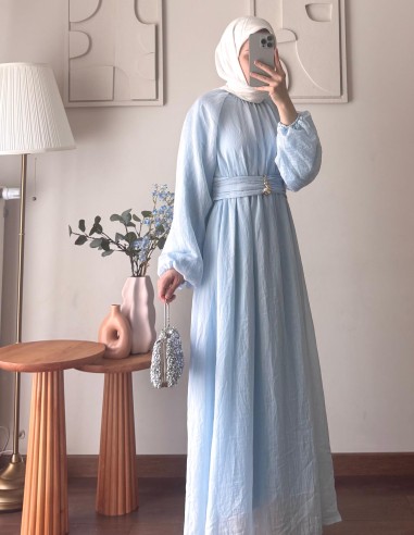 5168 kuşağı broşlu elbise - mavi