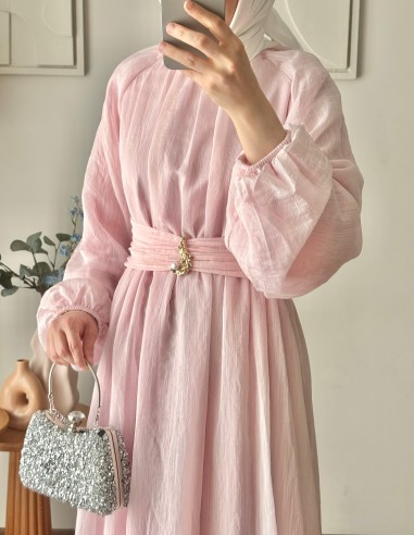 5168 kuşağı broşlu elbise - pembe